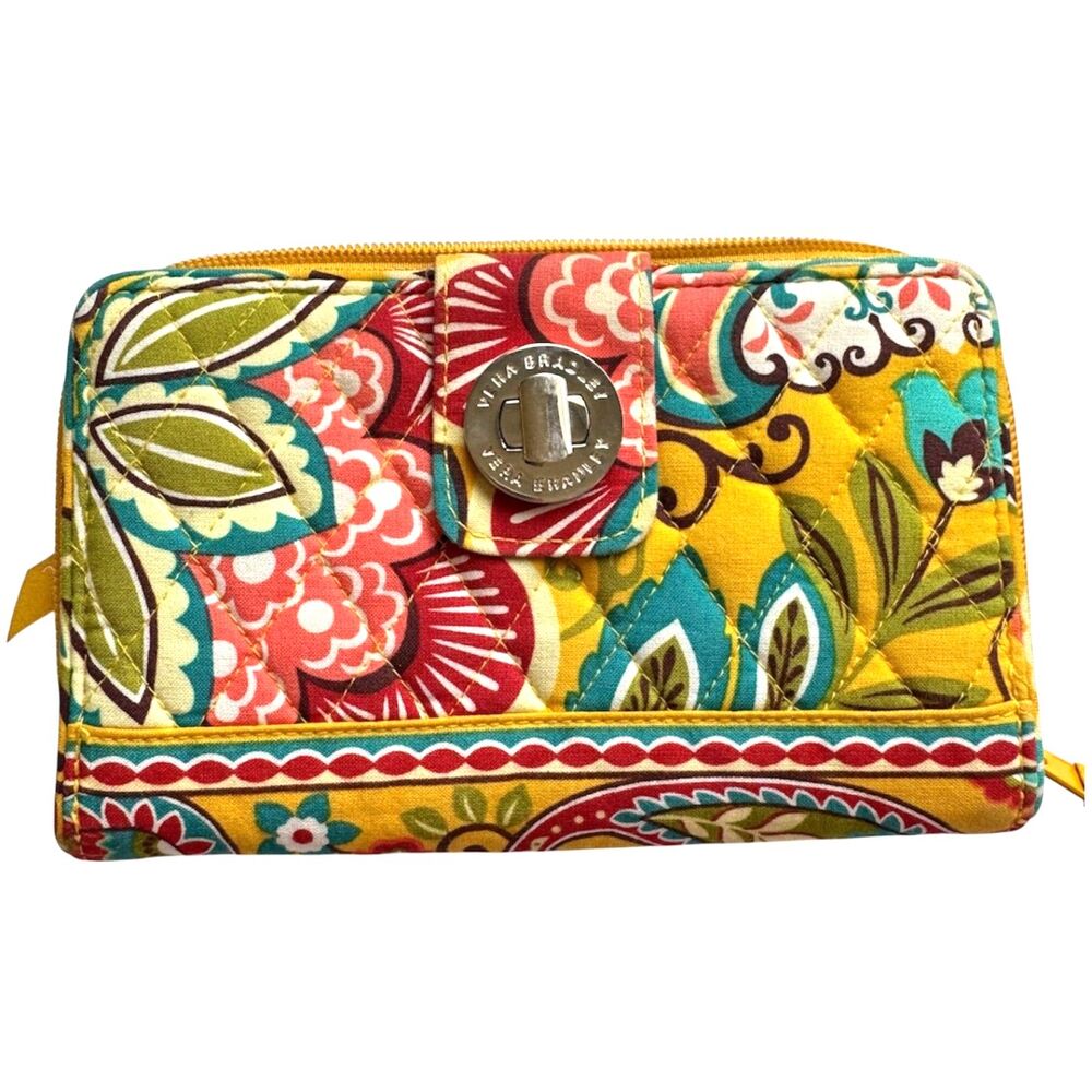 Vera Bradley Turnlock Wallet Retired Provencal Quilted Fabric Yellow Paisley